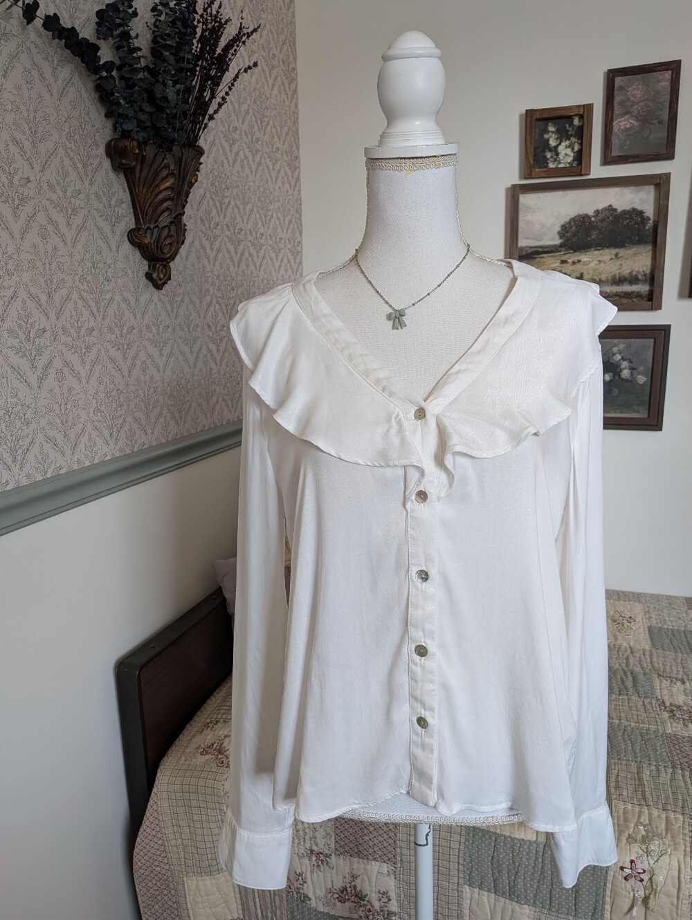 Bella Dahl White Cupro Ruffle Collar Button Blouse S Made USA